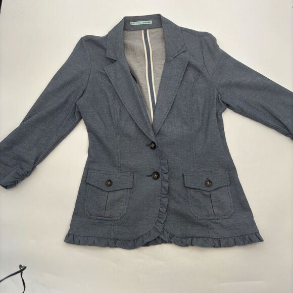 maurices Cotton Denim Blue  Blazer Cotton With Ruche Sleeves  2 Front Pocket Med - Picture 8 of 15